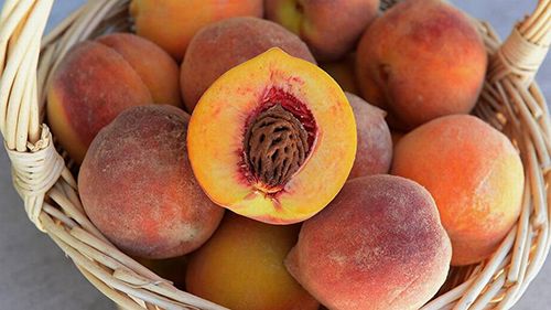 Elberta Peaches with one of them sliced open. Looks delicious!