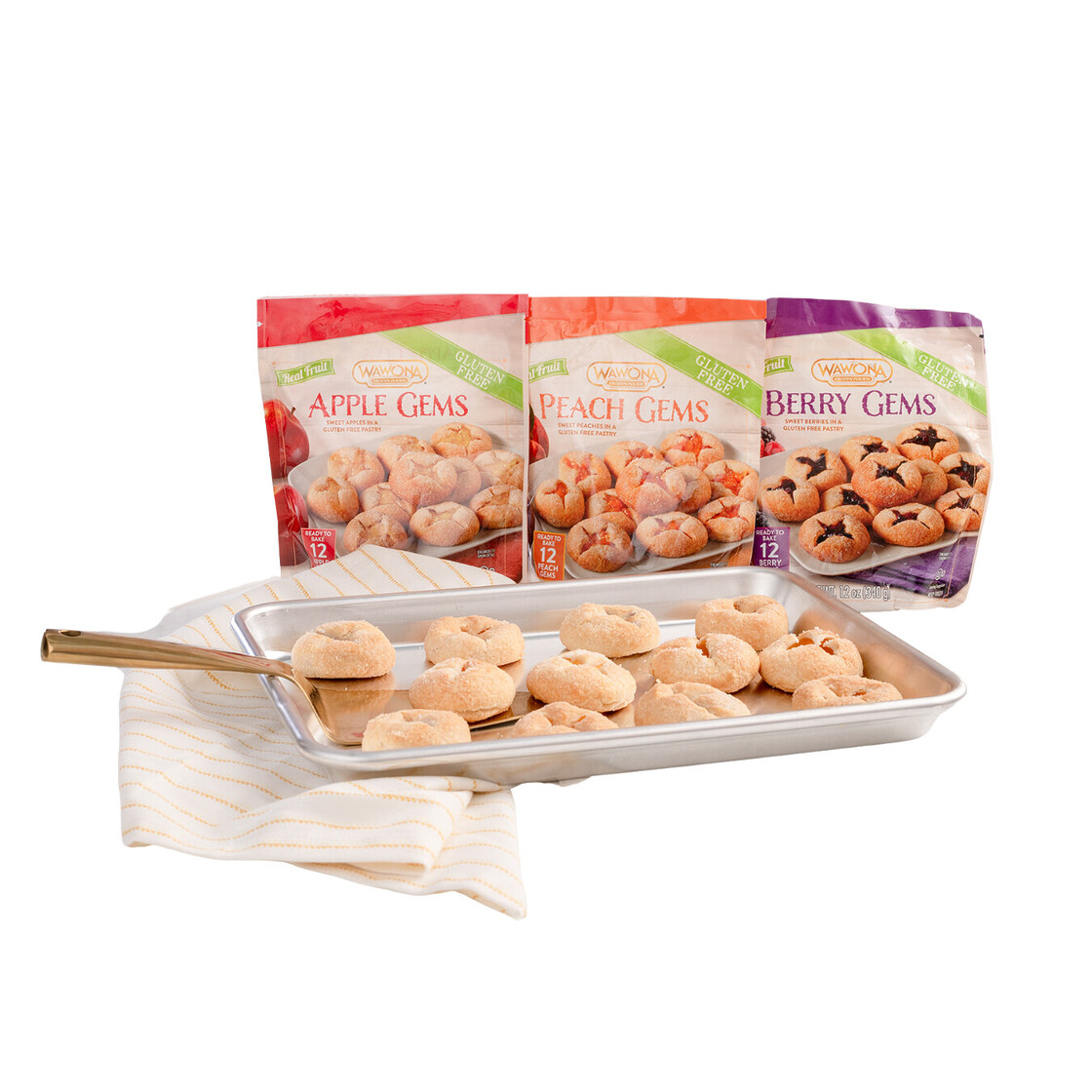 Gluten-free Wawona Gems: Delicious baked treats in Apple, Peach, and Berry flavors.