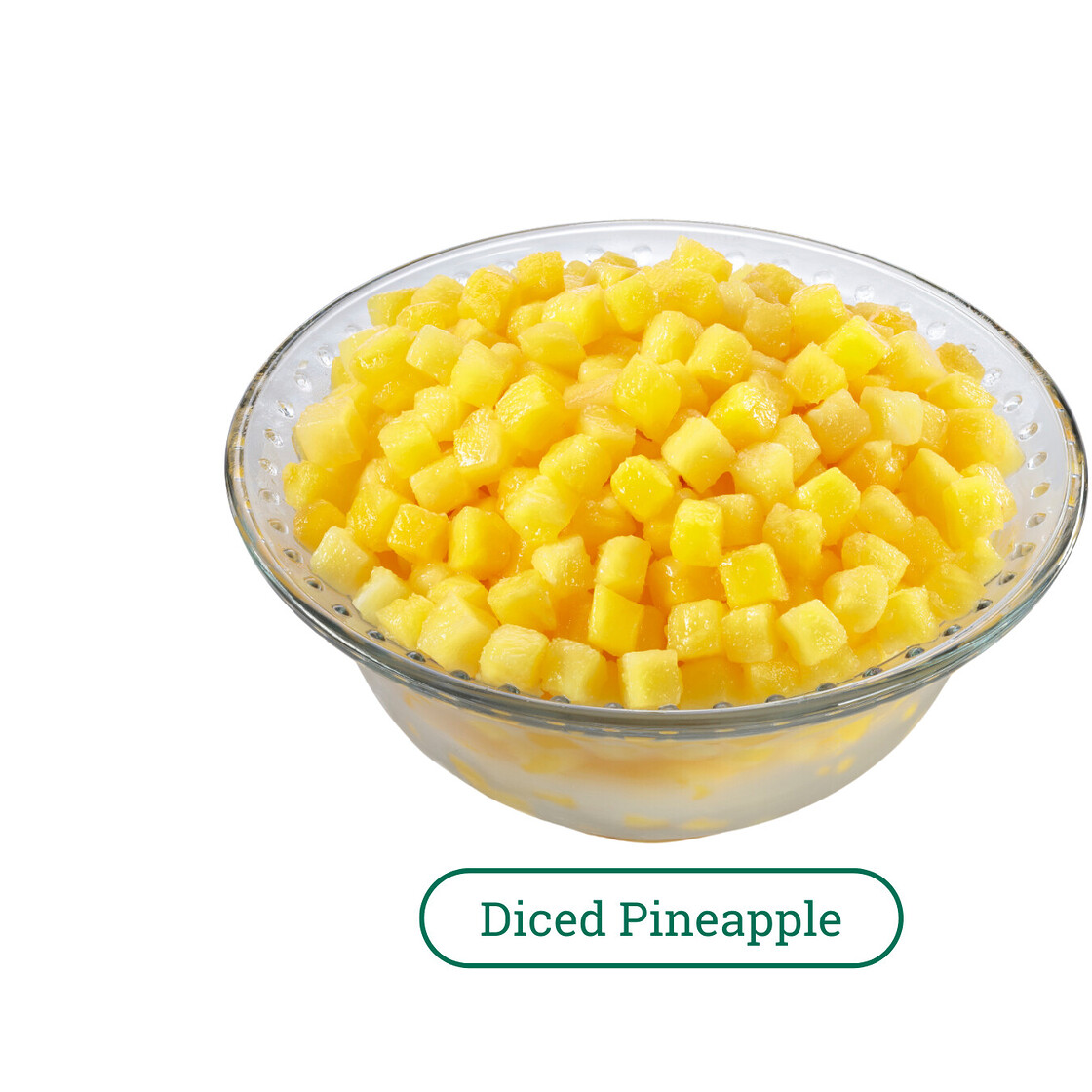 Fresh diced pineapple in a decorative glass bowl, perfect for tropical dishes and snacks.