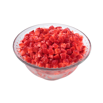 Fresh diced strawberries in a clear bowl, perfect for desserts and summer gatherings.