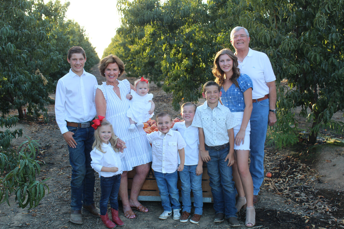 Joyful family harvest in peach orchard, celebrating togetherness and tradition during golden hour.