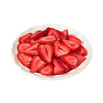 Vibrant, fresh sliced strawberries on a decorative plate, perfect for desserts or healthy snacks.