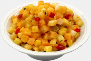 Colorful tropical fruit salad with mango, papaya, kiwi, and red bell peppers in a white bowl.