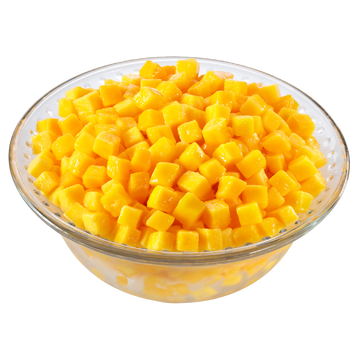 Fresh diced mango cubes in a clear bowl, perfect for tropical desserts and snacks.