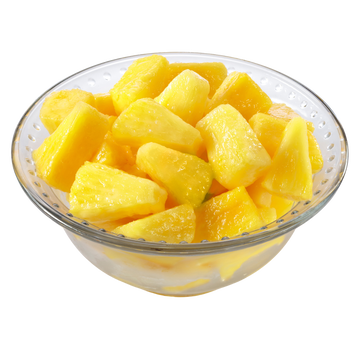 Fresh pineapple chunks in a clear bowl, showcasing vibrant color and natural sweetness.