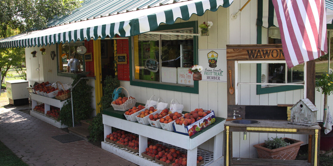 Charming rustic fruit stand showcasing fresh peaches and vibrant local produce in a picturesque setting.