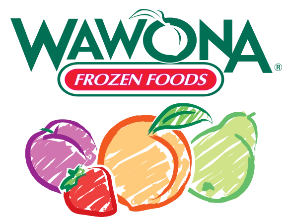 Wawona logo: Fresh frozen foods with vibrant fruit illustrations and bold green and red text.