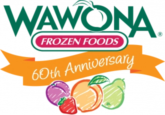 Wawona Frozen Foods 60th Anniversary logo with vibrant fruits, celebrating quality and freshness.