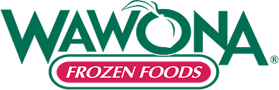 Wawona Frozen Foods logo: vibrant green brand name with pink FROZEN FOODS banner for freshness.