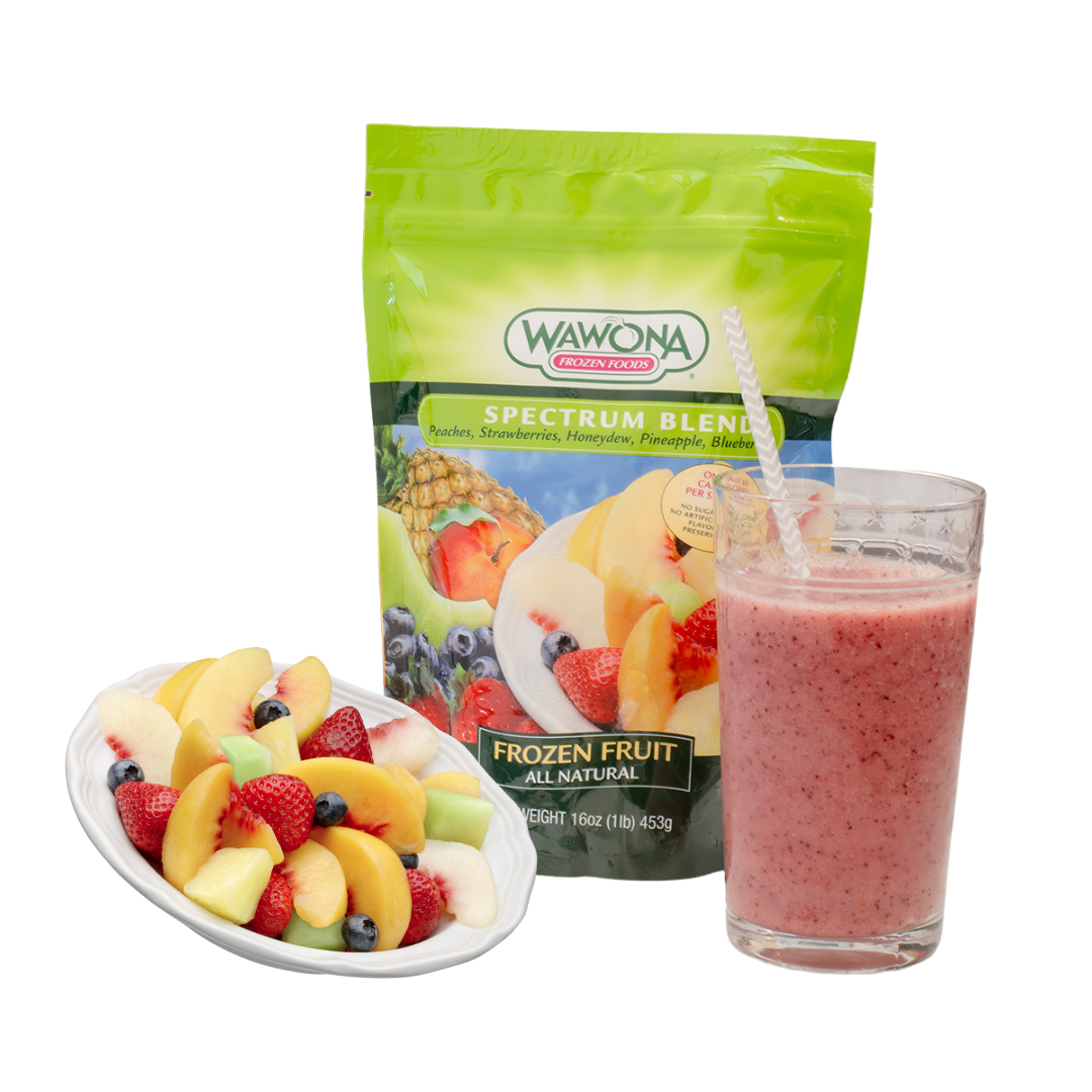 Vibrant Wawona Frozen Foods fruit blend, smoothie, and fresh fruit salad for healthy eating.